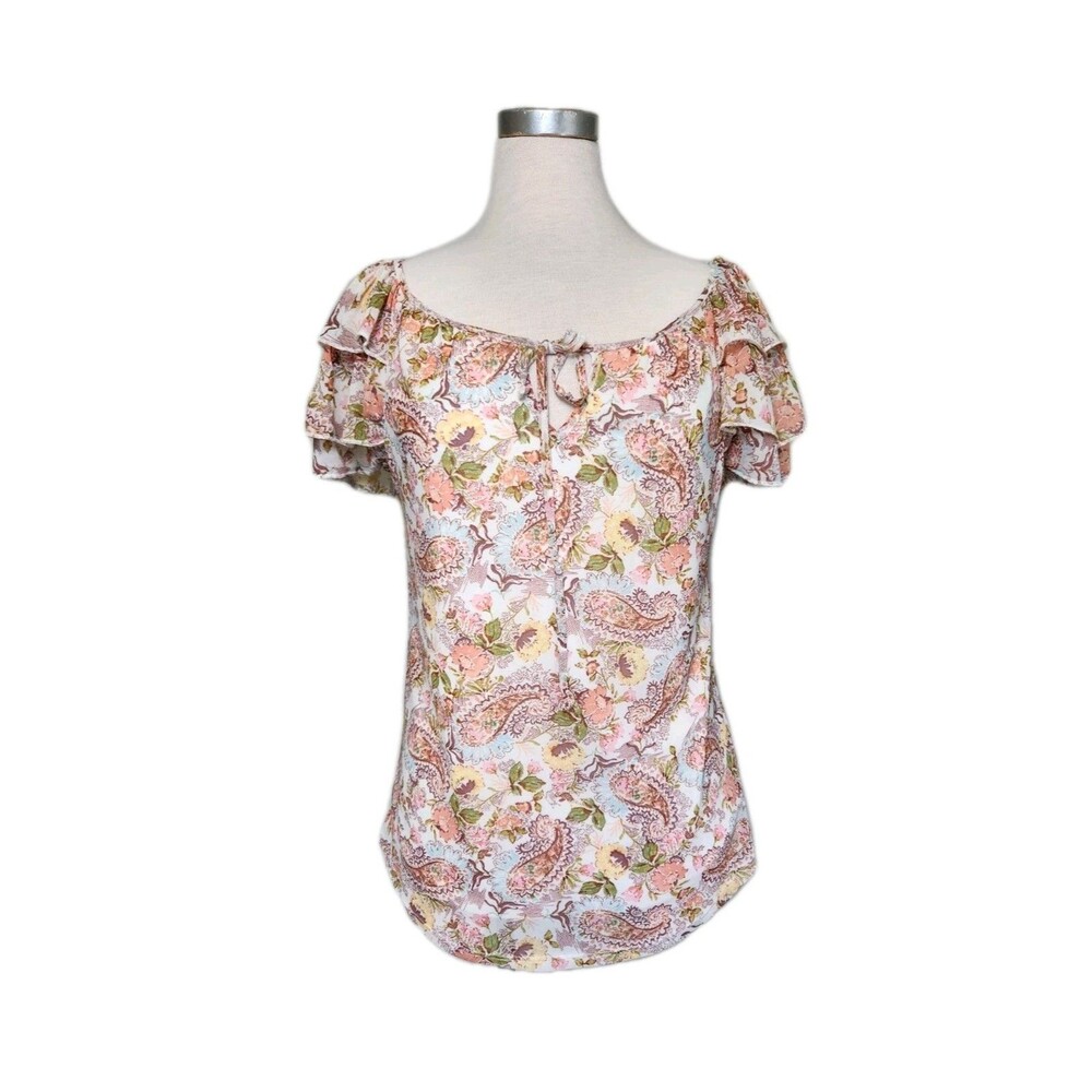 Joie De Vivre Floral Boho Ruffle Blouse Short Sleeve Pink Paisley Womens M